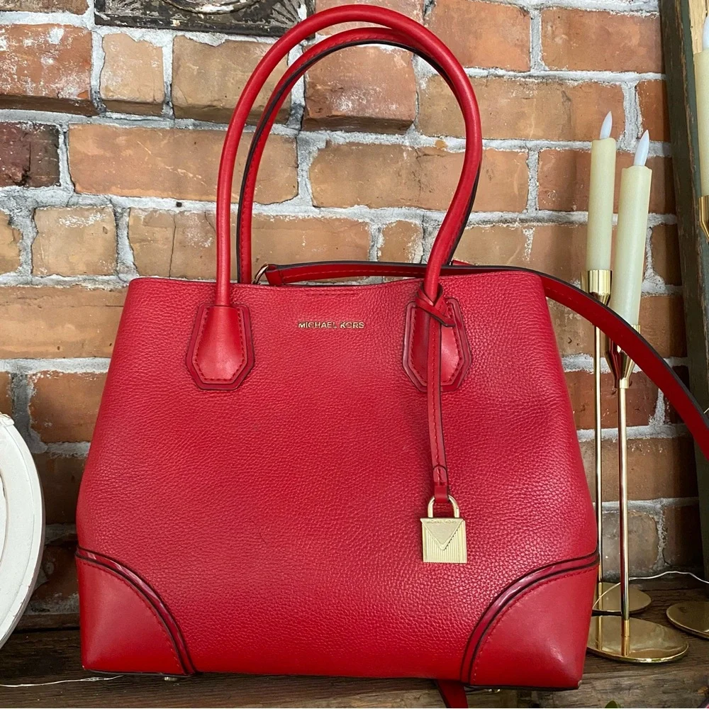 MICHAEL KORS Mercer Gallery Medium Center Zip Leather Tote in Bright Red - Picture 1 of 13